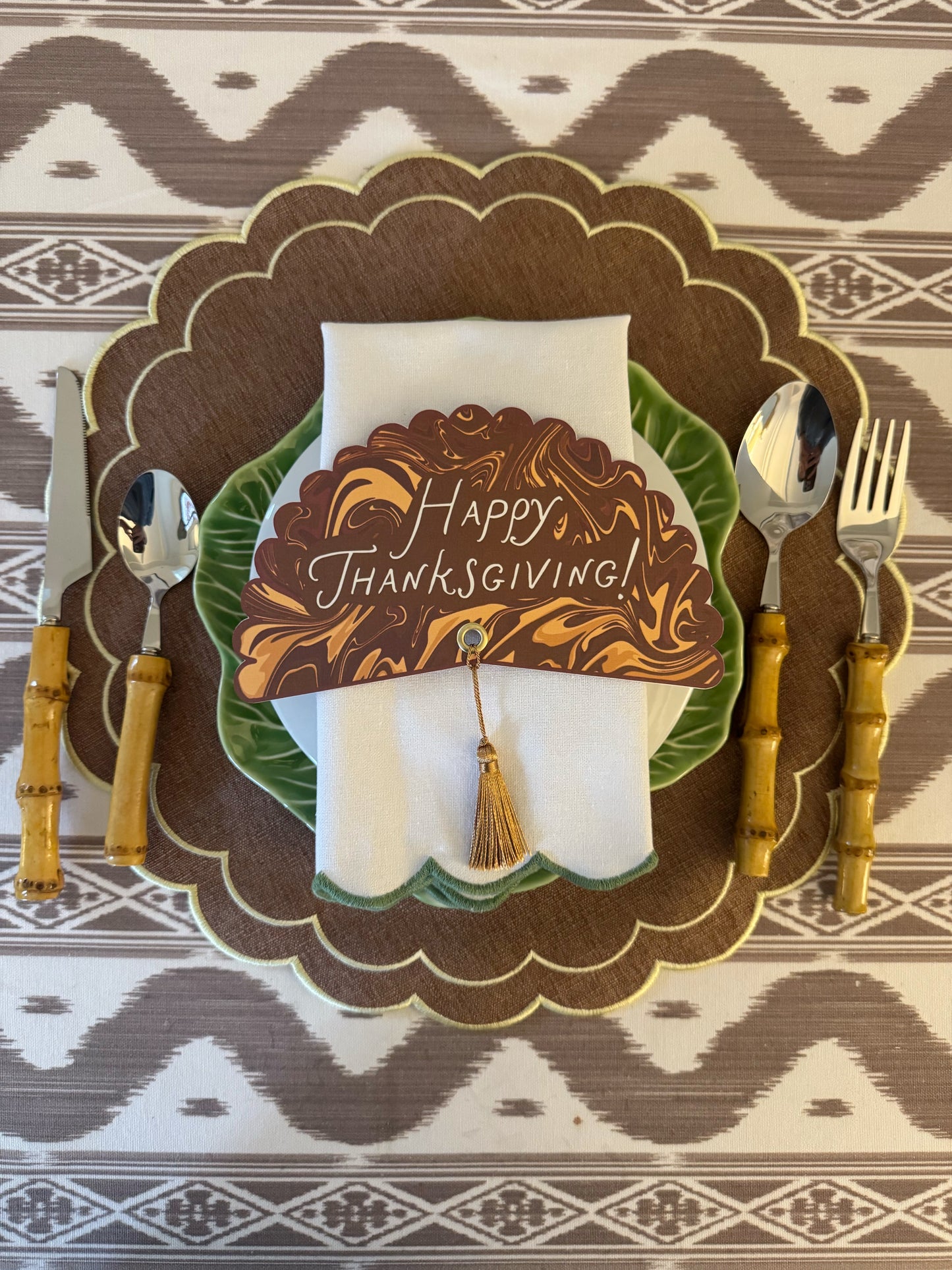 Brown Italian Marble Happy Thanksgiving Plate Round - Set of 4