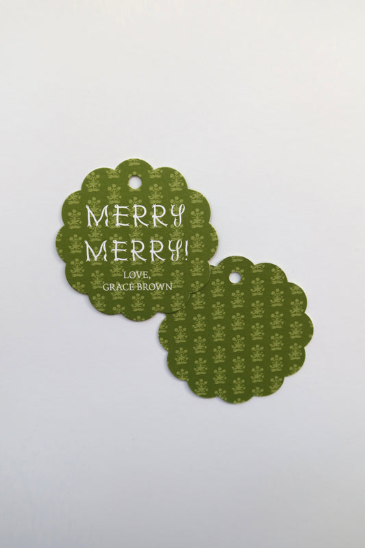Merry Merry Green Block Print Customizable Scalloped Gift Tag (set of 24)