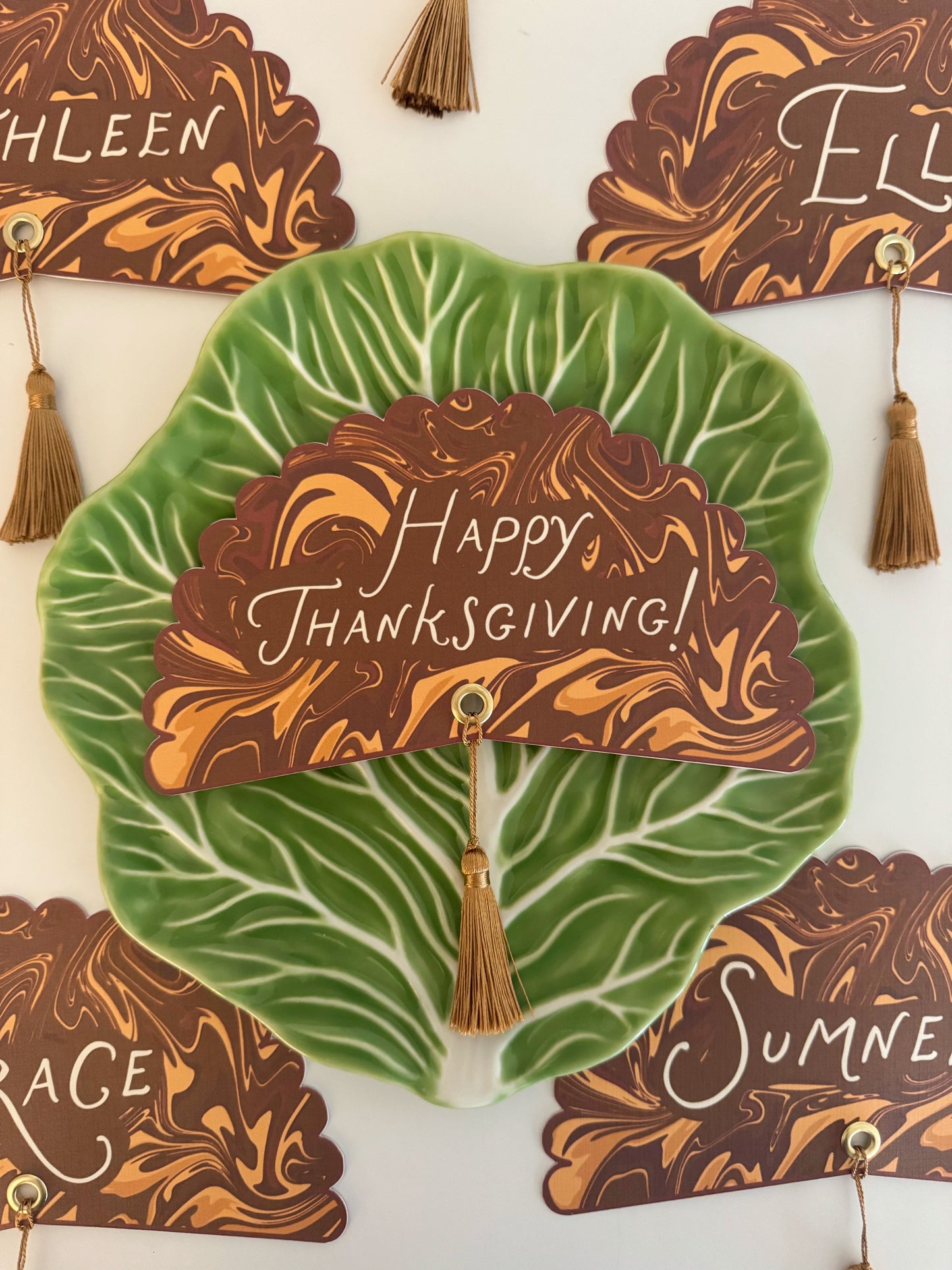 Brown Italian Marble Happy Thanksgiving Plate Round - Set of 4