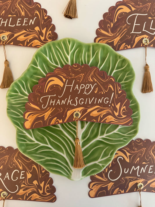 Brown Italian Marble Happy Thanksgiving Plate Round - Set of 4