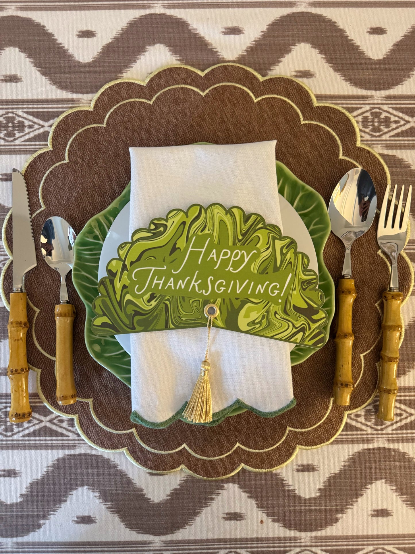 Green Italian Marble Happy Thanksgiving Plate Round - Set of 4